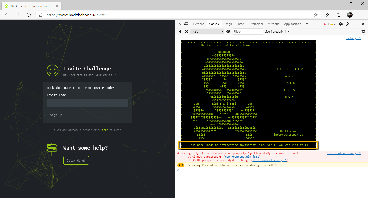 Hack The Box - Invite Challenge console errors