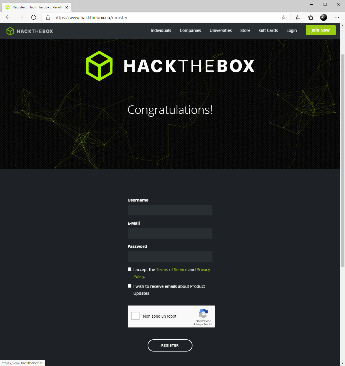 Hack The Box - Registration successful