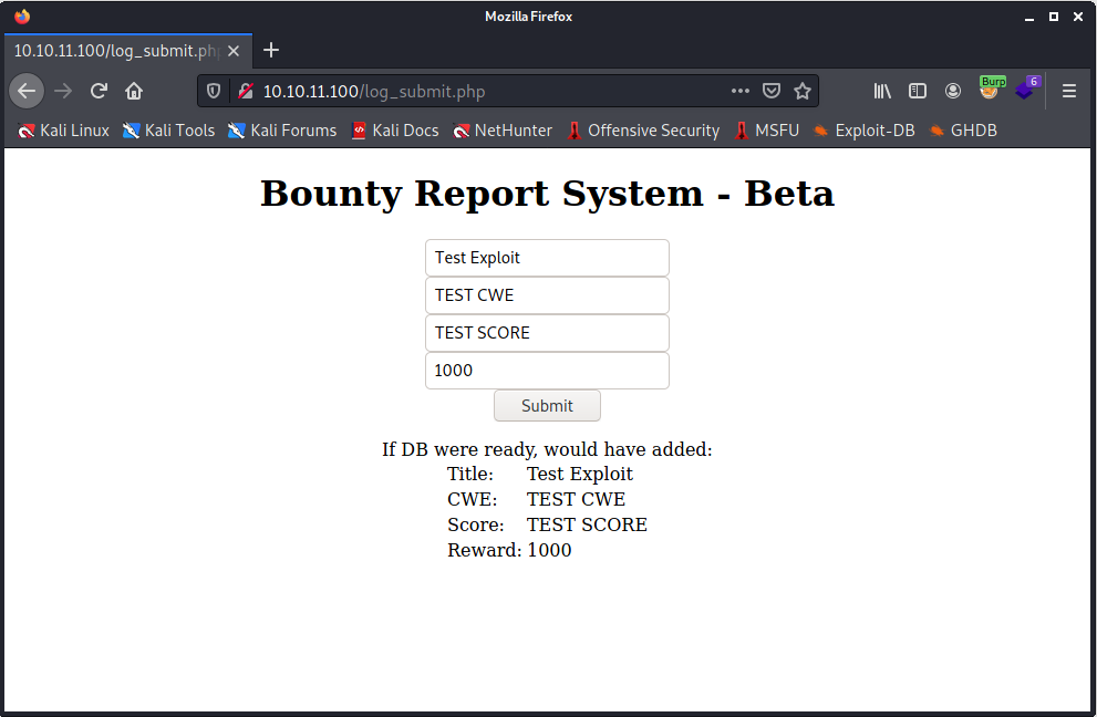 HTB BountyHunter Machine - Test data inserted