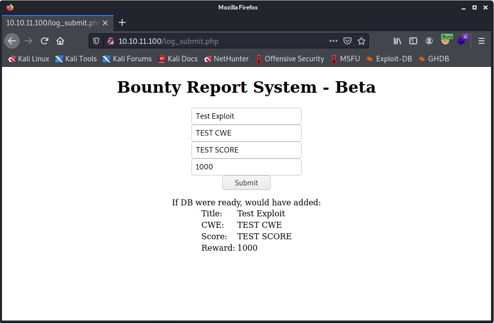 HTB BountyHunter Machine - Dati di test inseriti