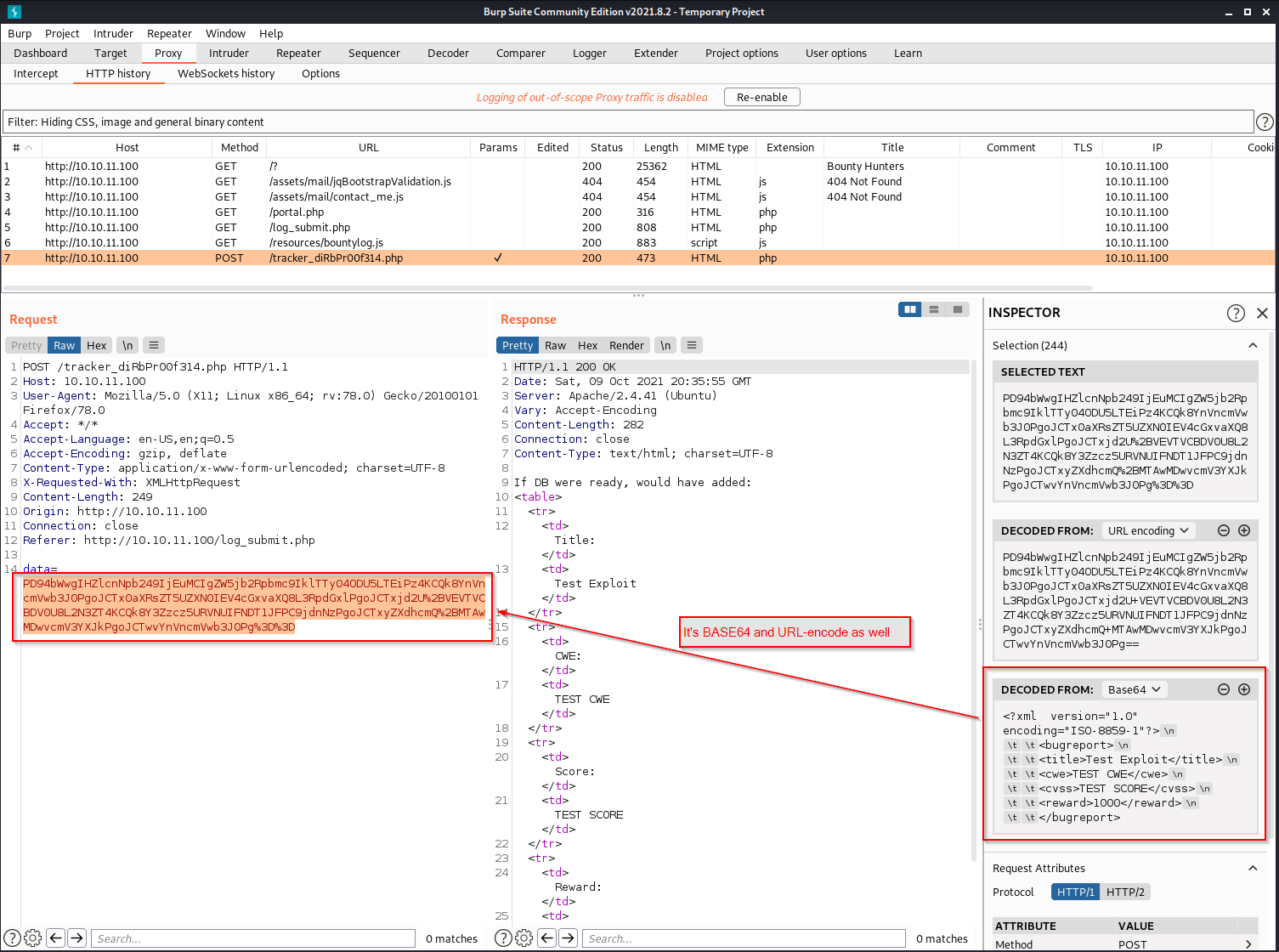 HTB BountyHunter Machine - Dettaglio Burp suite su tracker_diRbPr00f314.php