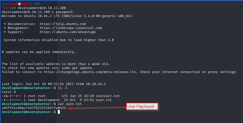 HTB BountyHunter Machine - User flag found