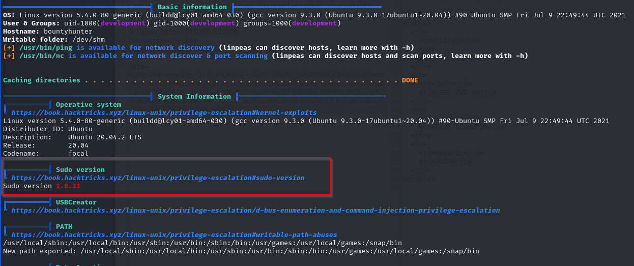 HTB BountyHunter Machine - LinPEAS risultati scansione parte 1
